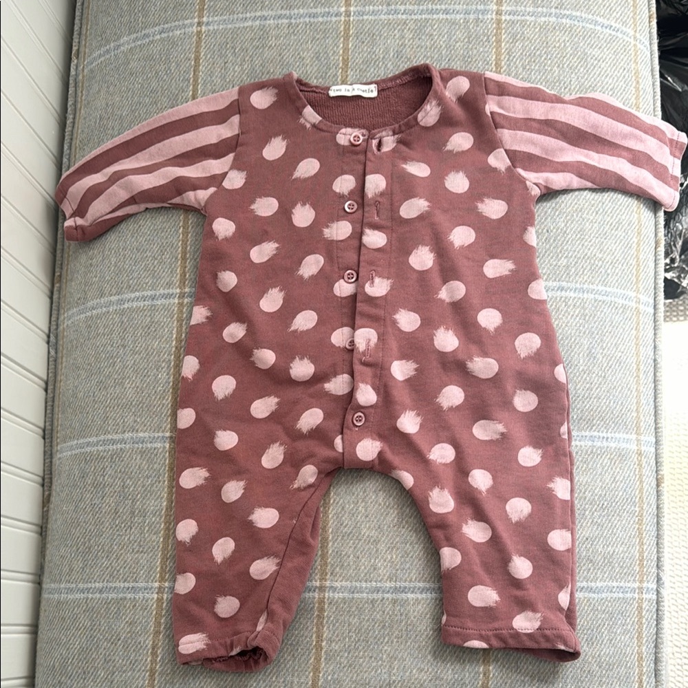 “Two in a castle” Blush color Polka Dot baby 6-9 months footless One Piece